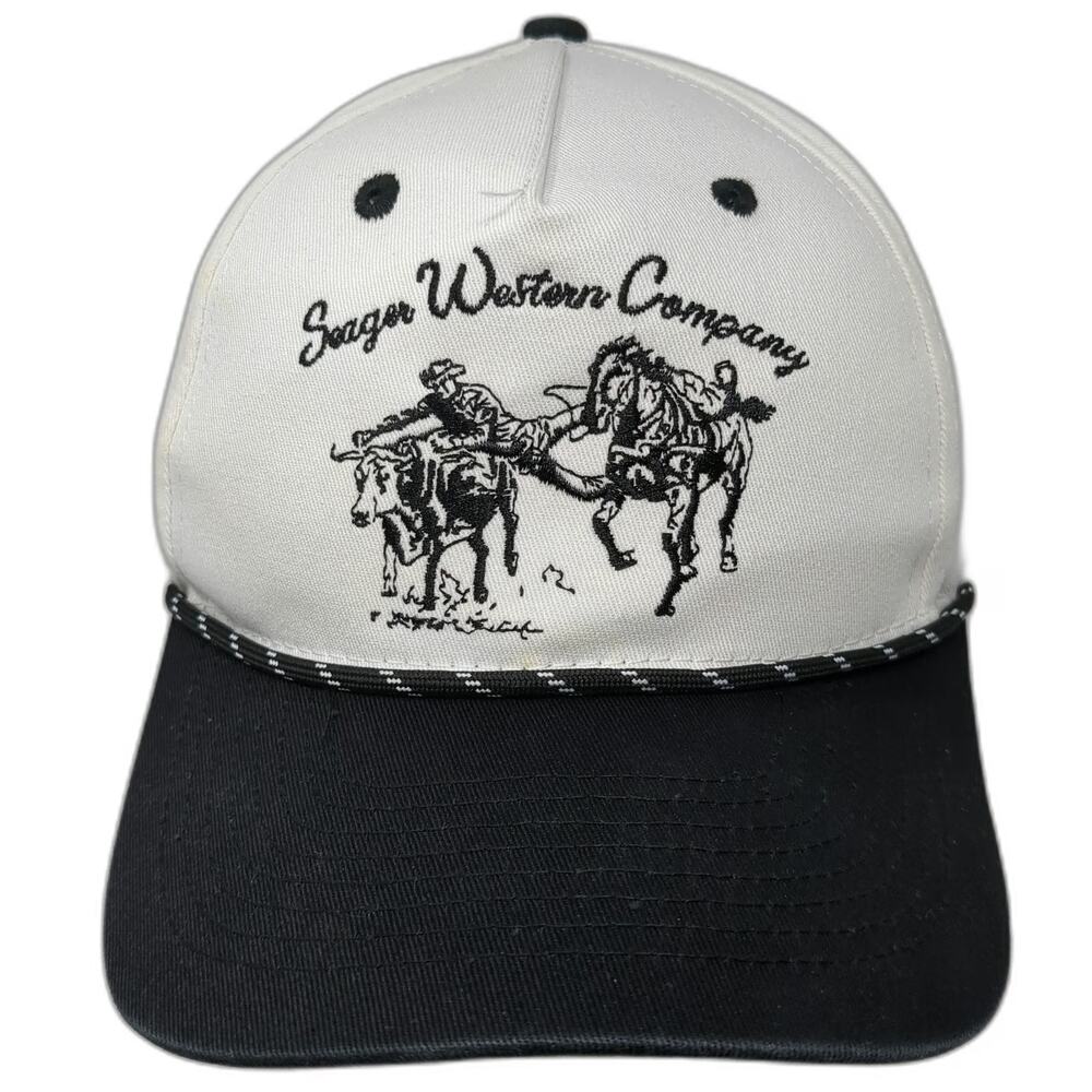 Seager 5 Panel White Black OSFM Rope Hat Snapback Western Cowboy Cotton Steer